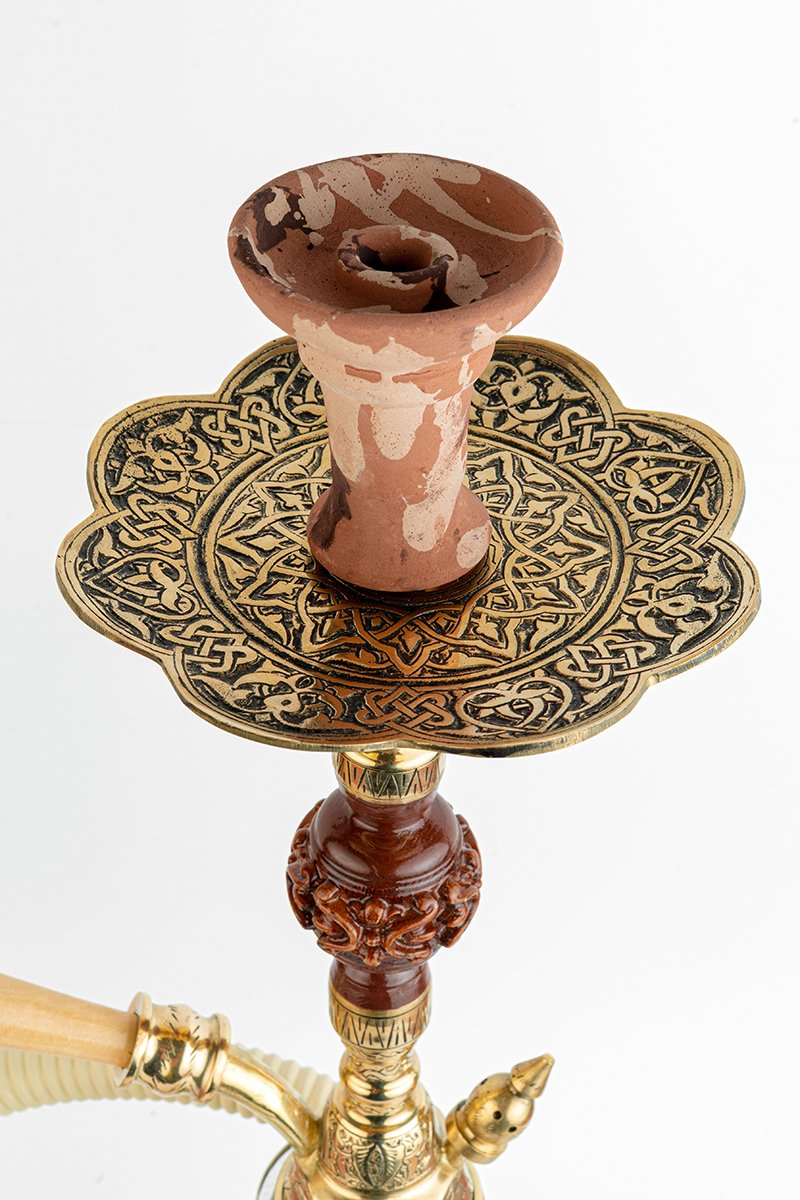 Shika Amazonia Brass and Wood Shisha Pipe, Oblivion clay bowl on the engraved tray, from above, image 3 of 7
