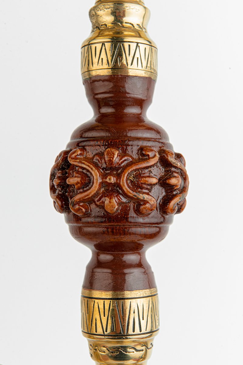 Shika Amazonia Brass and Wood Shisha Pipe, stem engraving, close, image 5 of 7