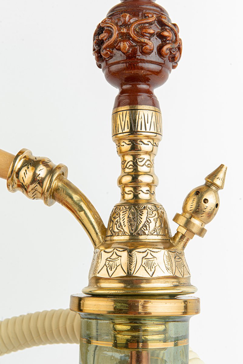 Shika Amazonia Brass and Wood Shisha Pipe, lower stem and base neck detail, image 6 of 7