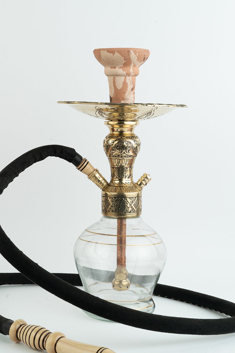 Shika Arya Tabletop Brass Shisha Pipe, full set with glass base, hose and bowl, on white, image 6 of 6