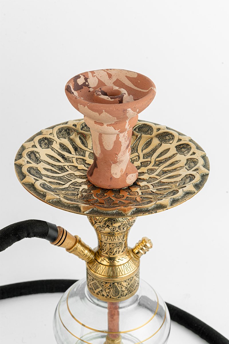 Shika Arya Tabletop Brass Shisha Pipe, upper stem and tray, hand engraved brass, image 2 of 6