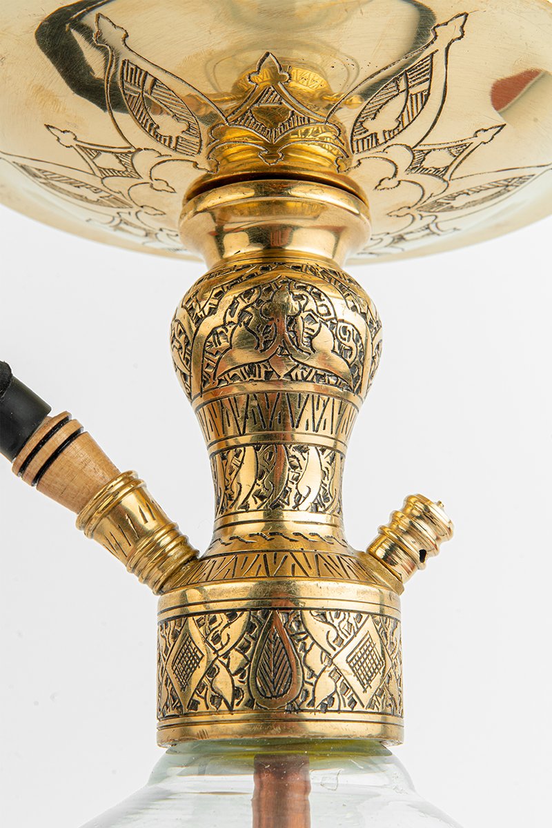 Shika Arya Tabletop Brass Shisha Pipe, stem engraving, close, image 5 of 6