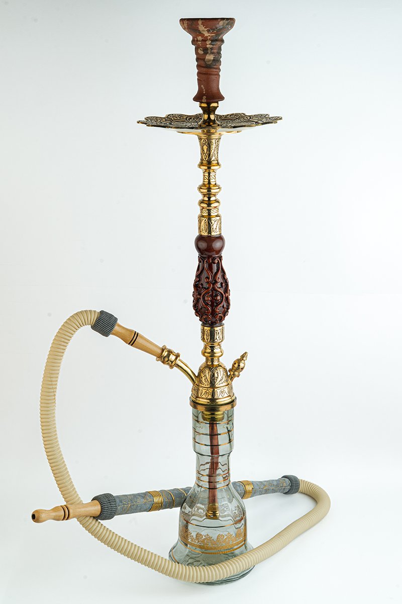Shika Avatar Brass and Wood Shisha Pipe, full set with glass base, hose and bowl, on white, image 7 of 7
