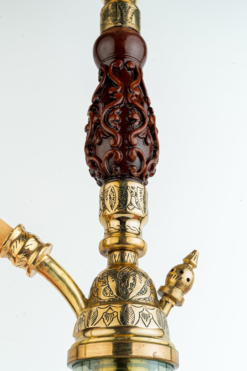 Shika Avatar Brass and Wood Shisha Pipe, upper stem and tray, hand engraved brass, image 2 of 7