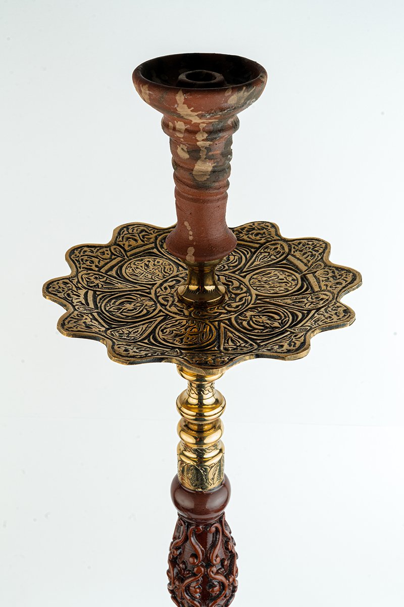 Shika Avatar Brass and Wood Shisha Pipe, Oblivion clay bowl on the engraved tray, from above, image 3 of 7