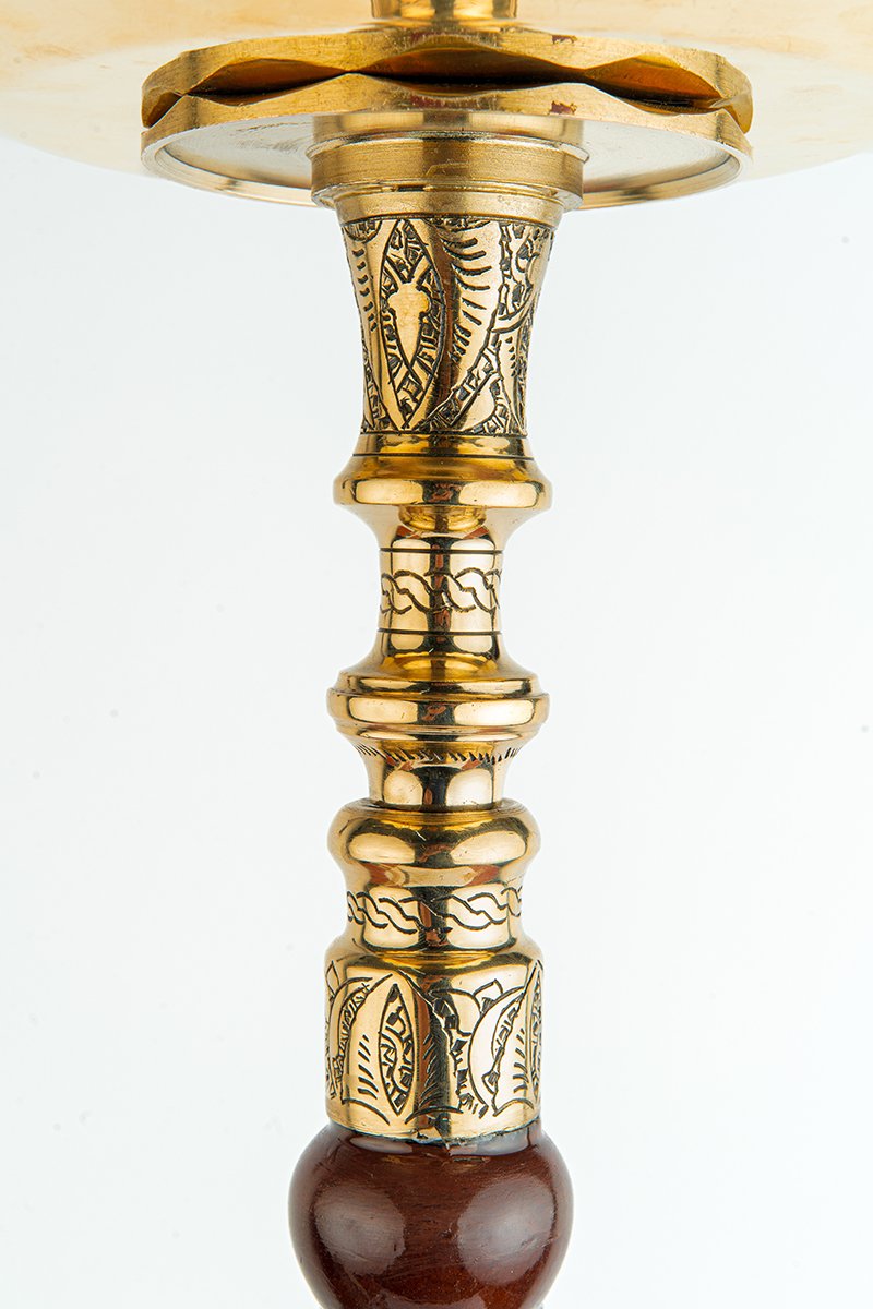 Shika Avatar Brass and Wood Shisha Pipe, stem engraving detail, image 4 of 7