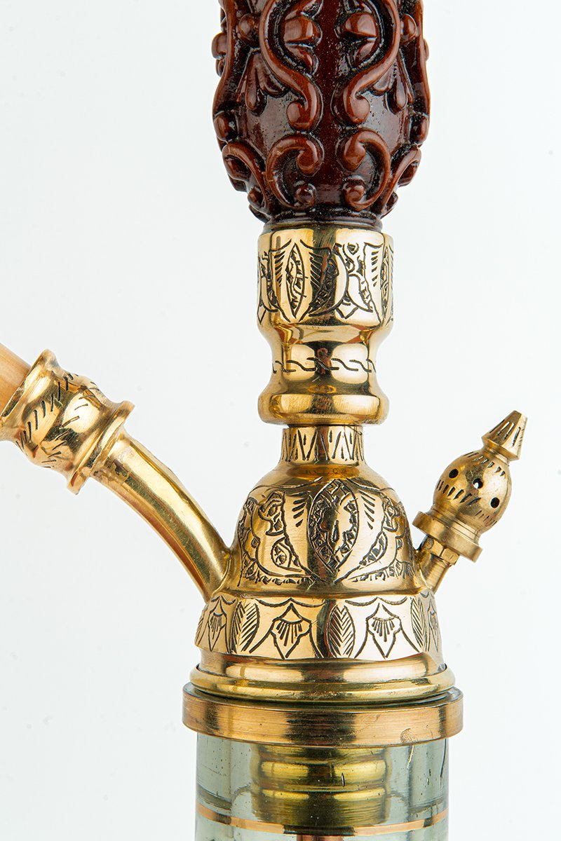 Shika Avatar Brass and Wood Shisha Pipe, lower stem and base neck detail, image 6 of 7
