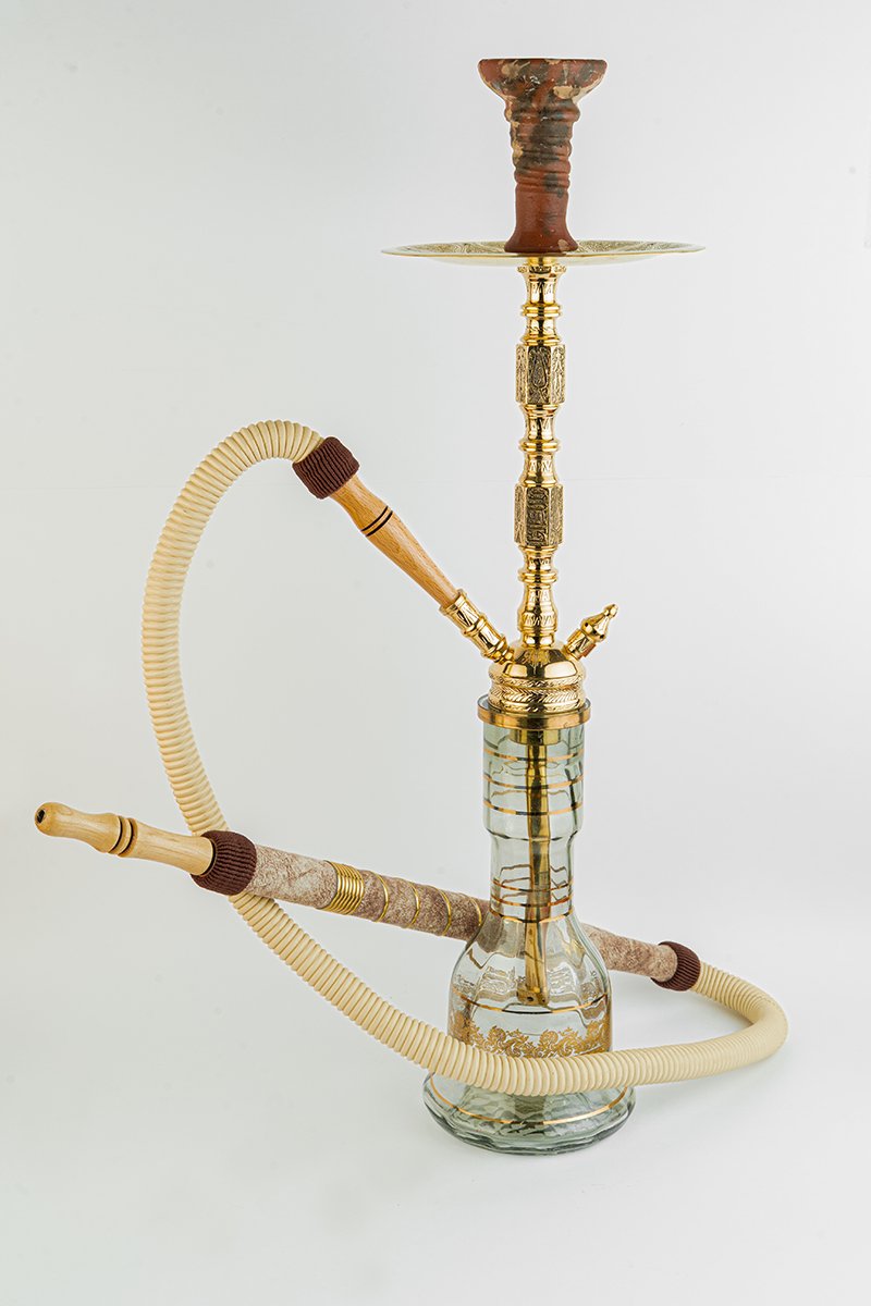 Shika Camersi CNC Brass Shisha Pipe, shown with a glass base and hose, both sold separately, on white, image 5 of 5