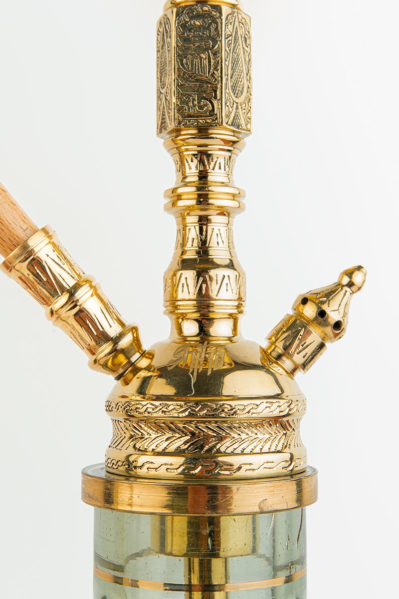 Shika Camersi CNC Brass Shisha Pipe, Oblivion clay bowl on the engraved tray, from above, image 3 of 5