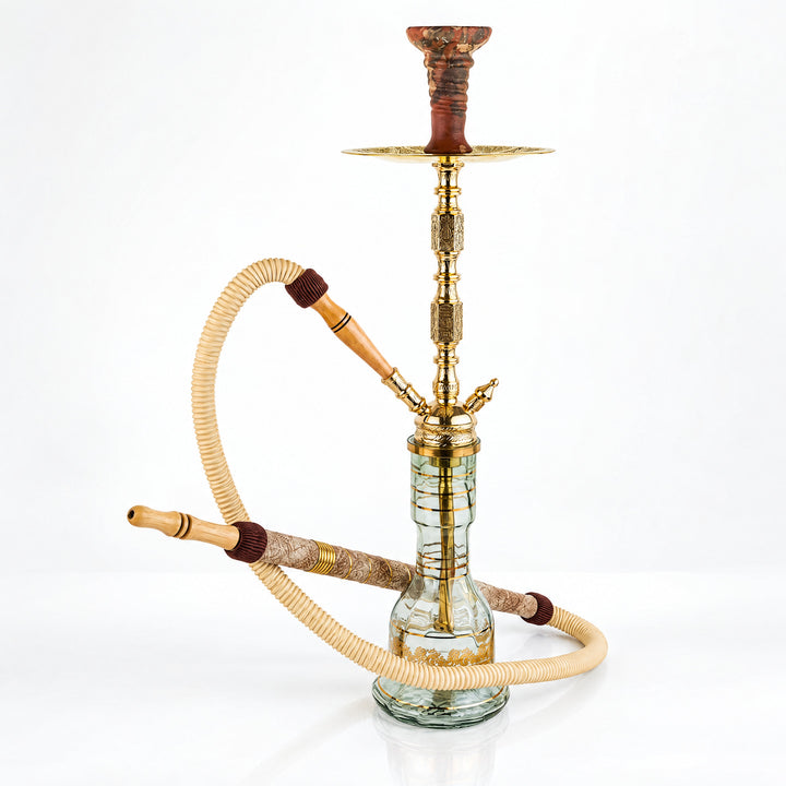 Shika Camersi CNC Brass Shisha Pipe, shown with a glass base and hose, both sold separately, studio shot