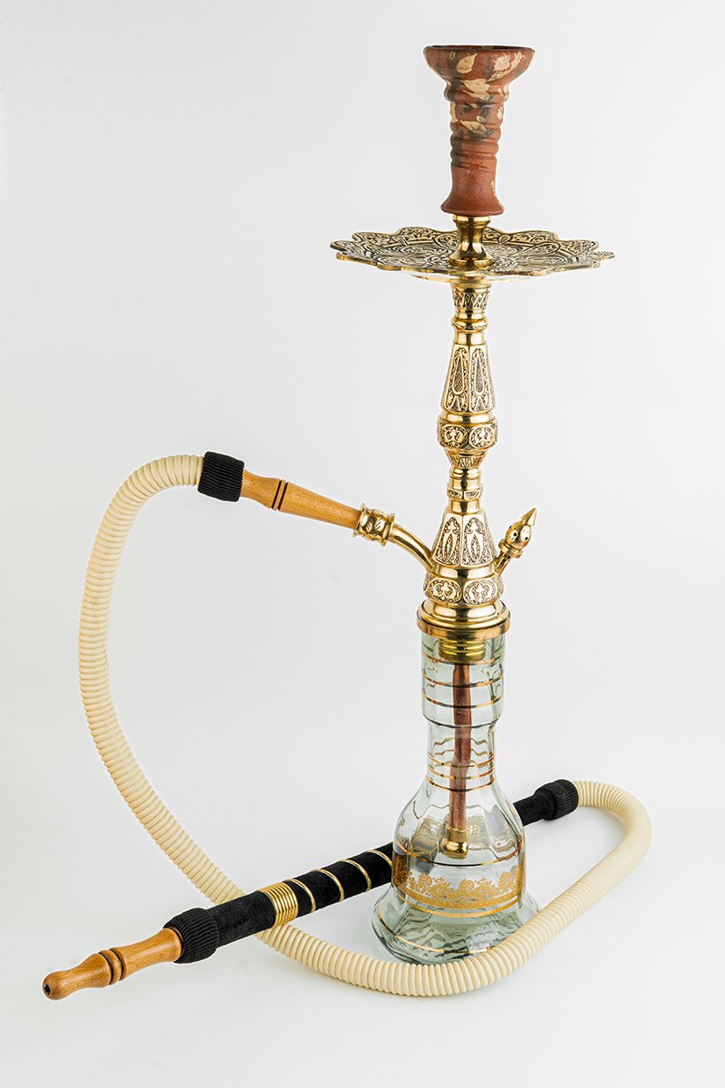 Shika Drakon Egyptian Brass Shisha Pipe, full set with glass base, hose and bowl, on white, image 6 of 6