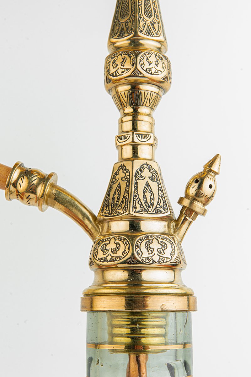 Shika Drakon Egyptian Brass Shisha Pipe, stem engraving, close, image 5 of 6