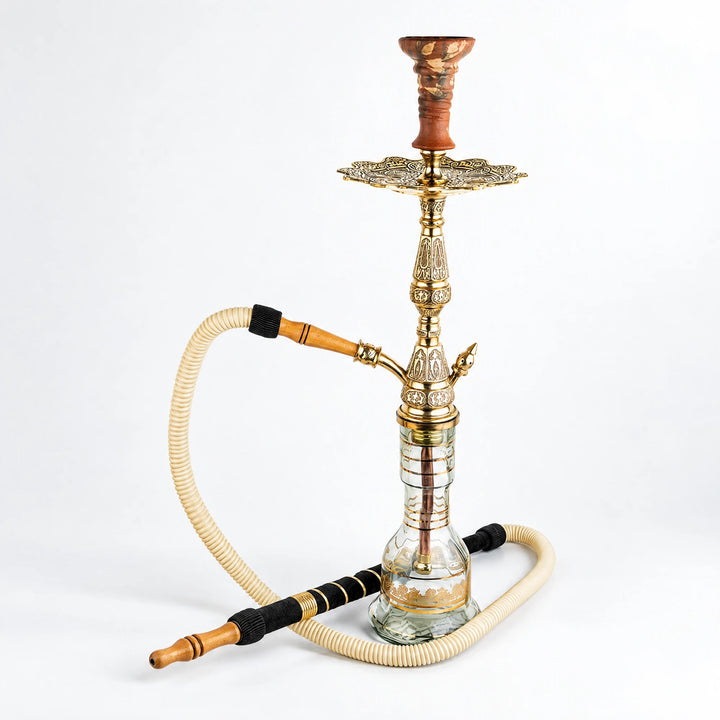 Shika Drakon Egyptian Brass Shisha Pipe, full set with glass base, hose and bowl, studio shot