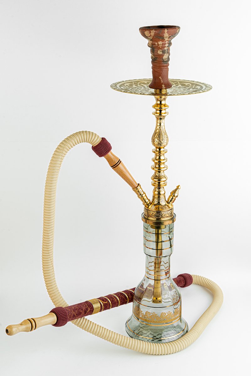 Shika Elwel CNC Brass Shisha Pipe, shown with a glass base and hose, both sold separately, on white, image 6 of 6