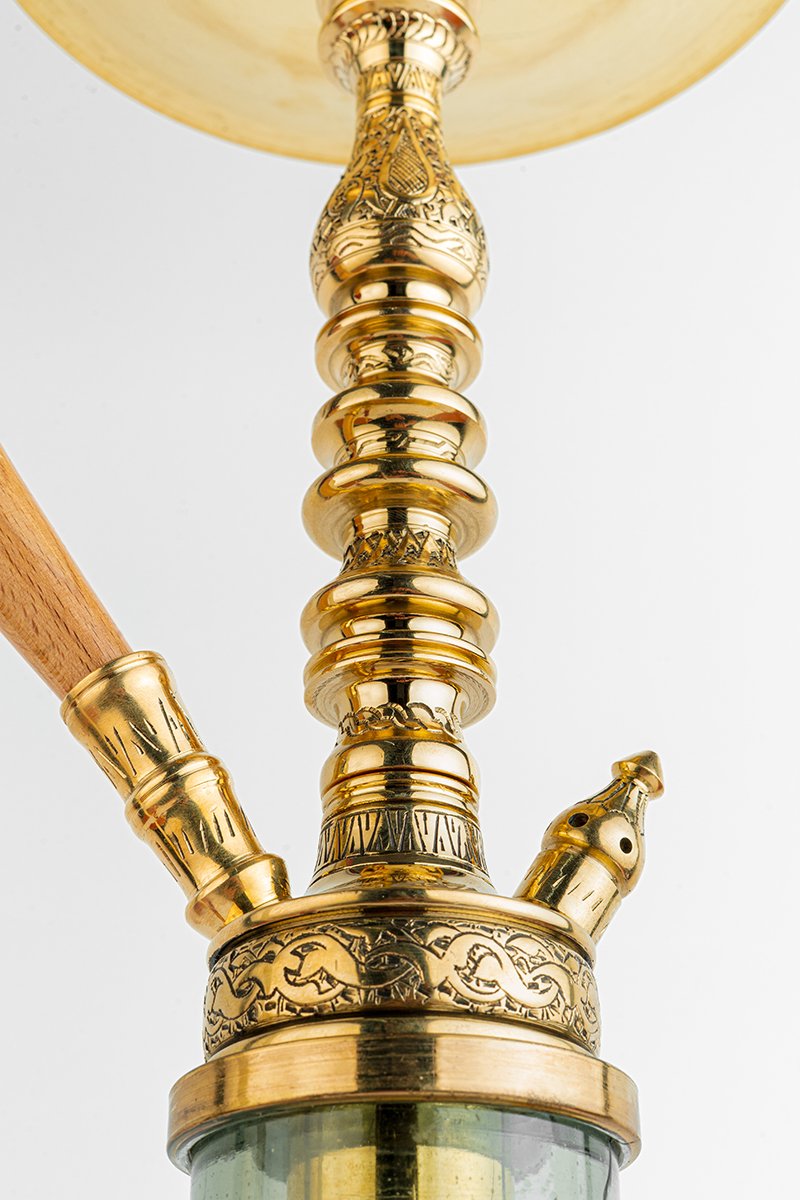 Shika Elwel CNC Brass Shisha Pipe, Oblivion clay bowl on the engraved tray, from above, image 3 of 6
