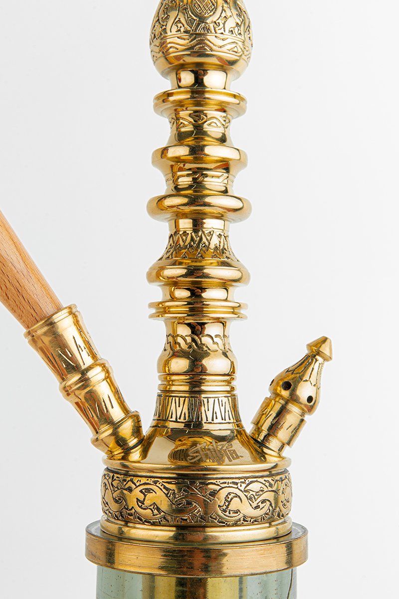 Shika Elwel CNC Brass Shisha Pipe, stem engraving, close, image 5 of 6
