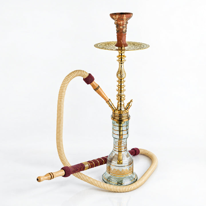 Shika Elwel CNC Brass Shisha Pipe, shown with a glass base and hose, both sold separately, studio shot