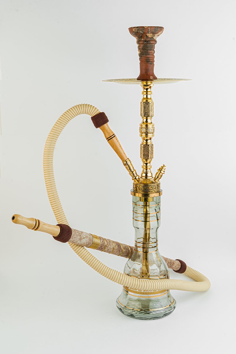 Shika Granada Imperial CNC Brass Shisha Pipe, shown with a glass base and hose, both sold separately, on white, image 5 of 5