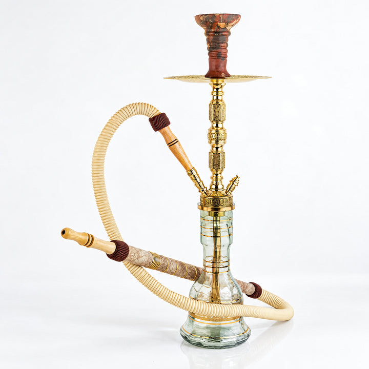 Shika Granada Imperial CNC Brass Shisha Pipe, shown with a glass base and hose, both sold separately, studio shot