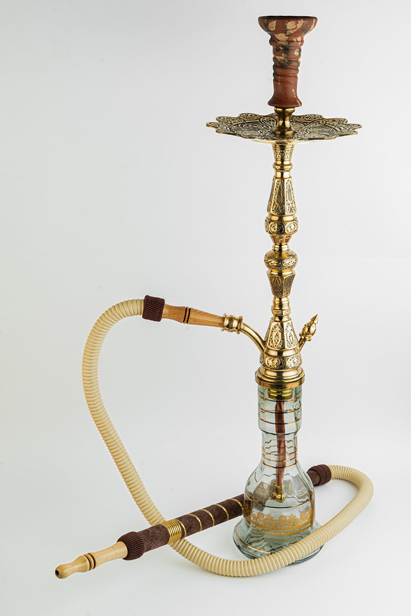 Shika Imperador Egyptian Brass Shisha Pipe, full set with glass base, hose and bowl, on white, image 6 of 6
