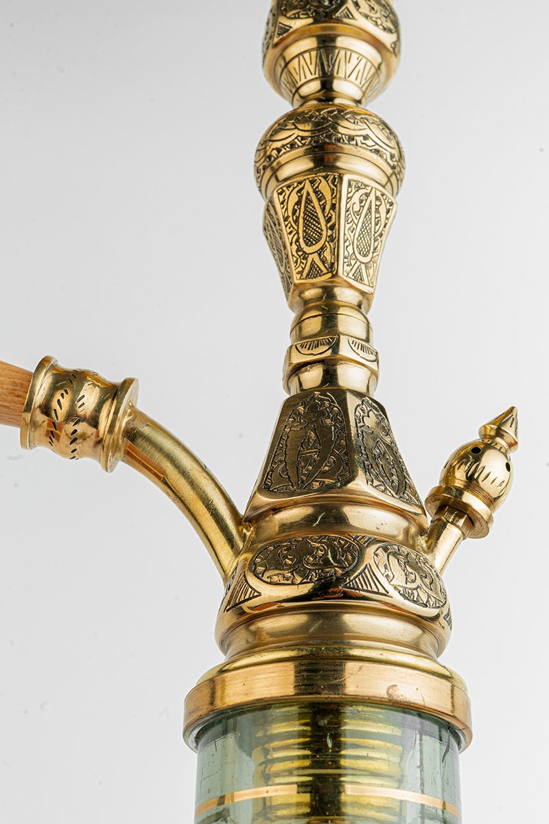 Shika Imperador Egyptian Brass Shisha Pipe, upper stem and tray, hand engraved brass, image 2 of 6