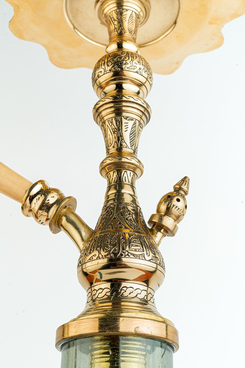 Shika Legend Egyptian Brass Shisha Pipe, upper stem and tray, hand engraved brass, image 2 of 7