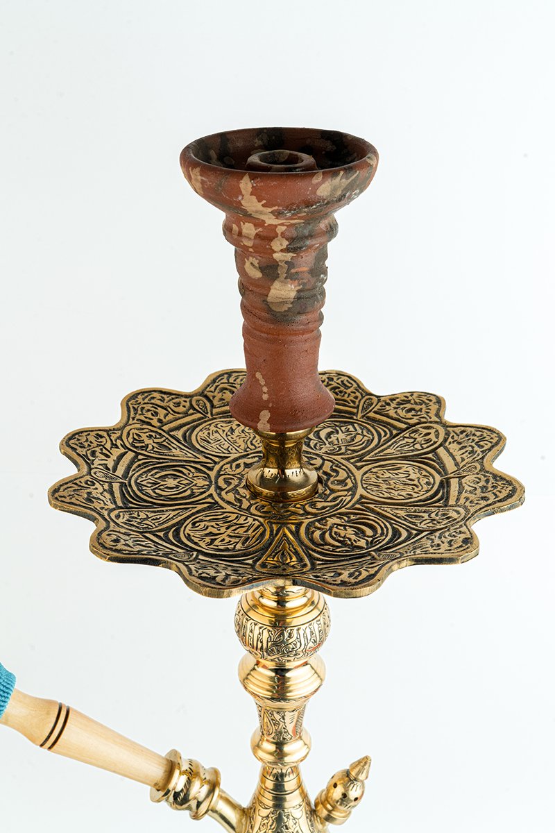 Shika Legend Egyptian Brass Shisha Pipe, Oblivion clay bowl on the engraved tray, from above, image 3 of 7