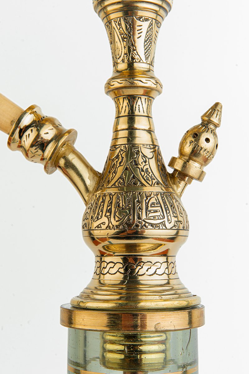 Shika Legend Egyptian Brass Shisha Pipe, stem engraving, close, image 5 of 7