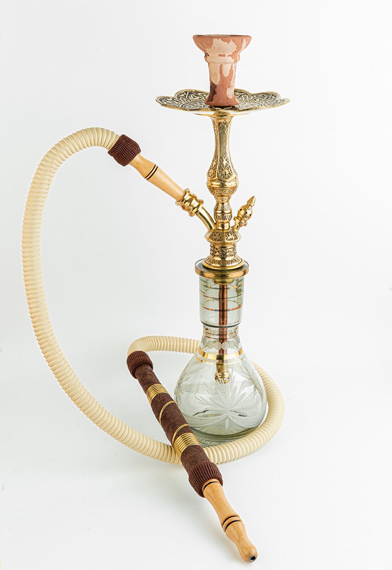 Shika Mini Tryon Brass Shisha Pipe, full set with glass base, hose and bowl, on white, image 6 of 6