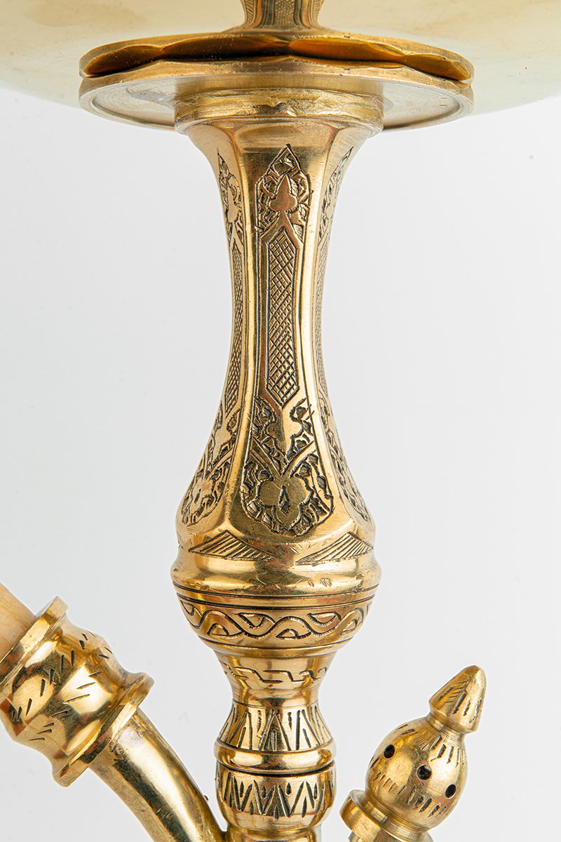 Shika Mini Tryon Brass Shisha Pipe, stem engraving, close, image 5 of 6