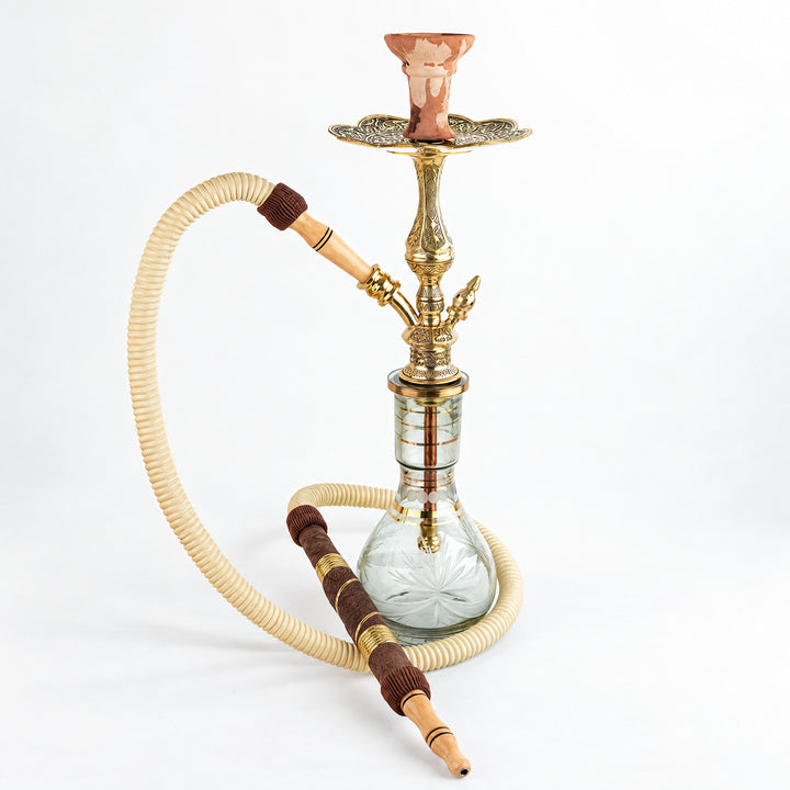 Shika Mini Tryon Brass Shisha Pipe, full set with glass base, hose and bowl, studio shot