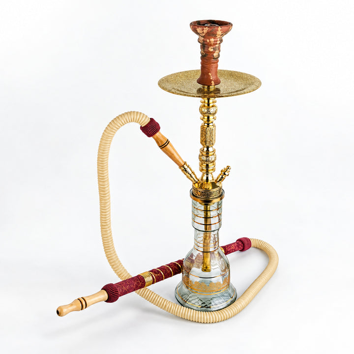 Shika Shogun CNC Brass Shisha Pipe, shown with a glass base and hose, both sold separately, studio shot