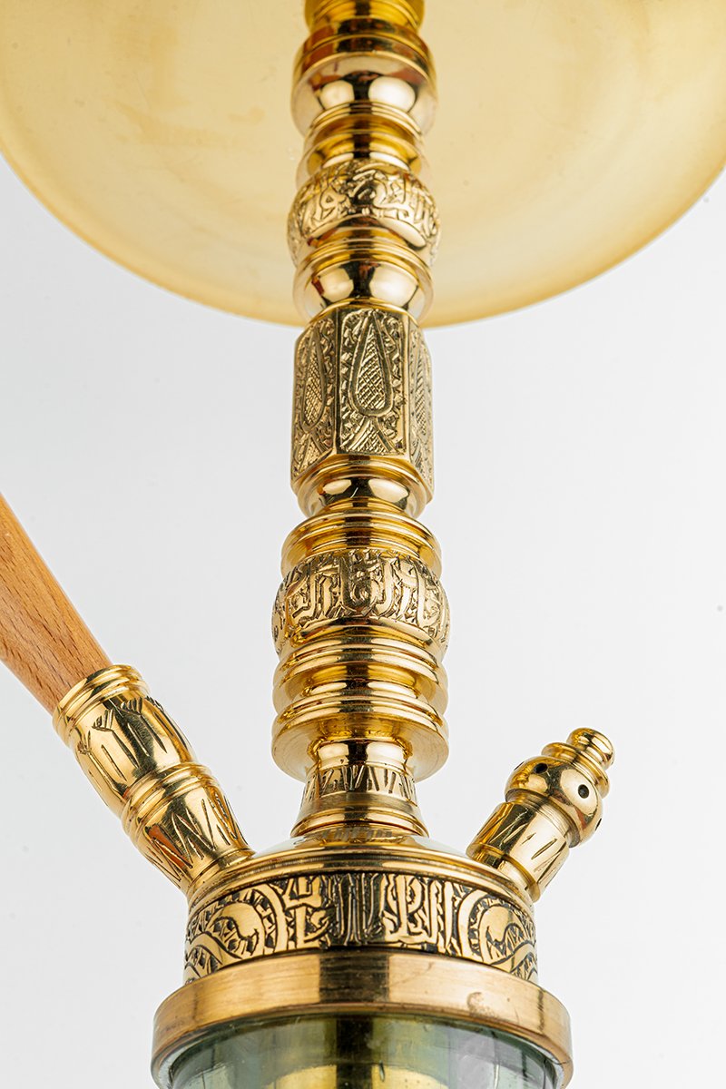 Shika Shogun CNC Brass Shisha Pipe, engraved blocks above the hose port and purge valve, image 3 of 7