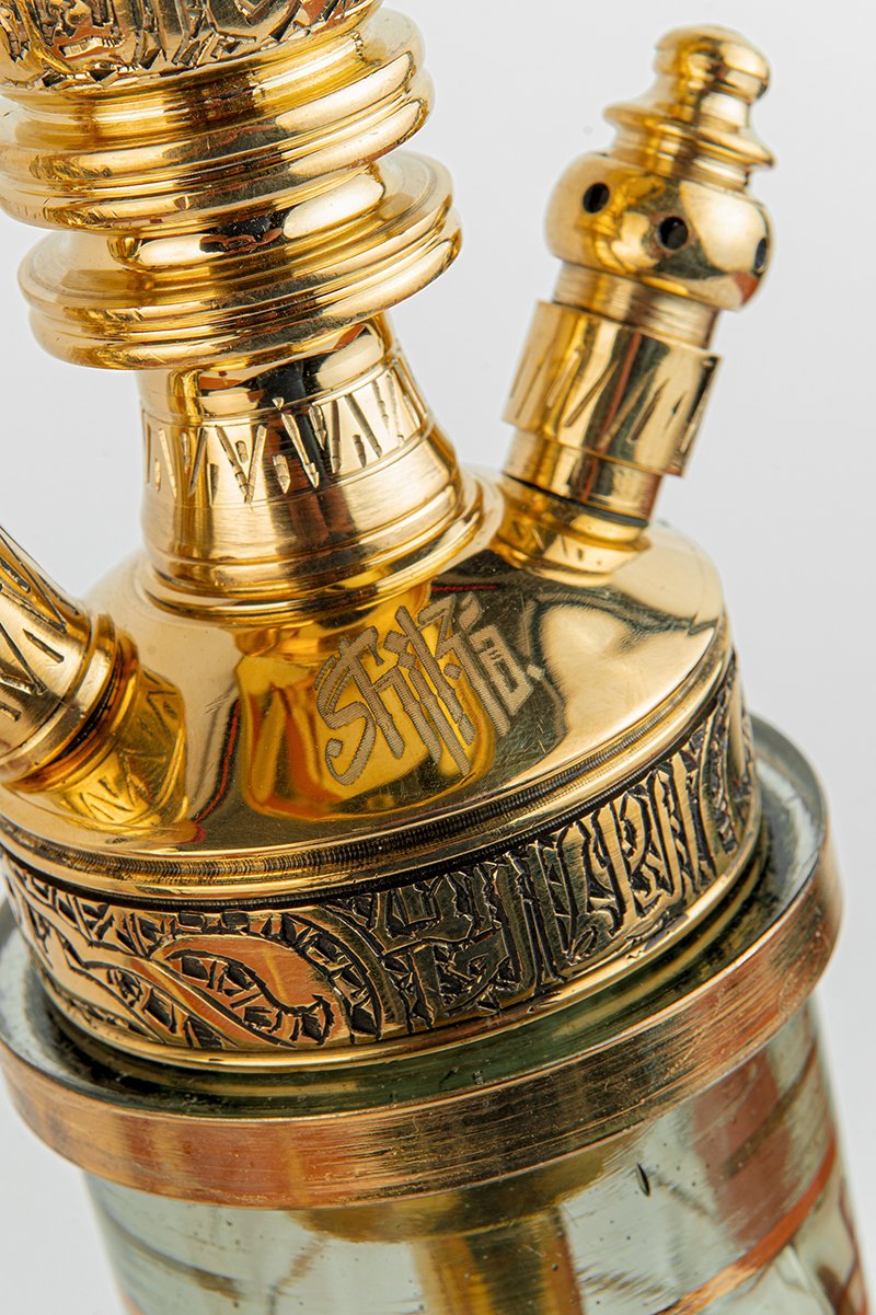 Shika Shogun CNC Brass Shisha Pipe, Shika mark and calligraphy band at the foot, close, image 4 of 7