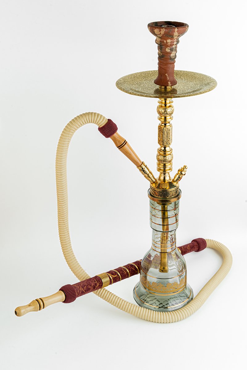 Shika Shogun CNC Brass Shisha Pipe, shown with a glass base and hose, both sold separately, on white, image 7 of 7