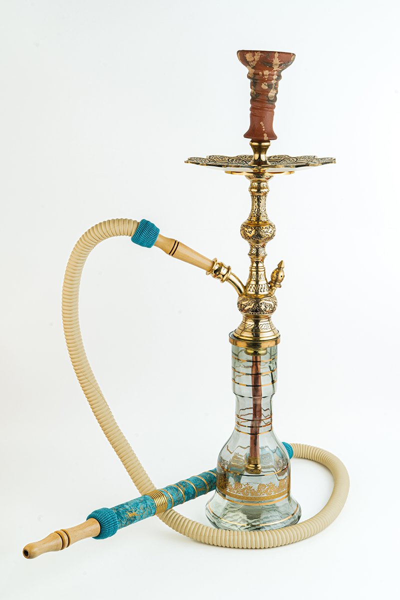 Shika Skyrim Egyptian Brass Shisha Pipe, full set with glass base, hose and bowl, on white, image 5 of 5