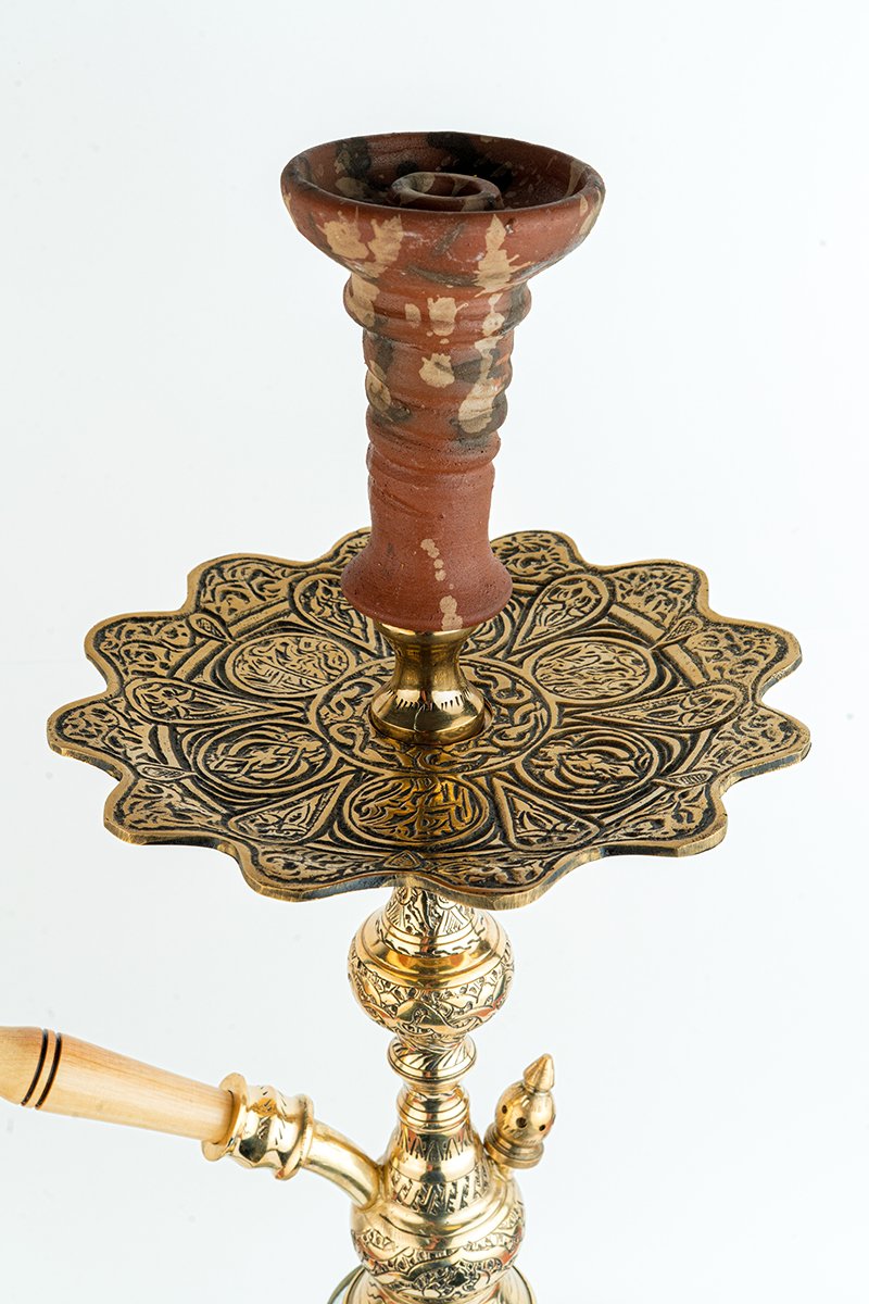 Shika Skyrim Egyptian Brass Shisha Pipe, upper stem and tray, hand engraved brass, image 2 of 5