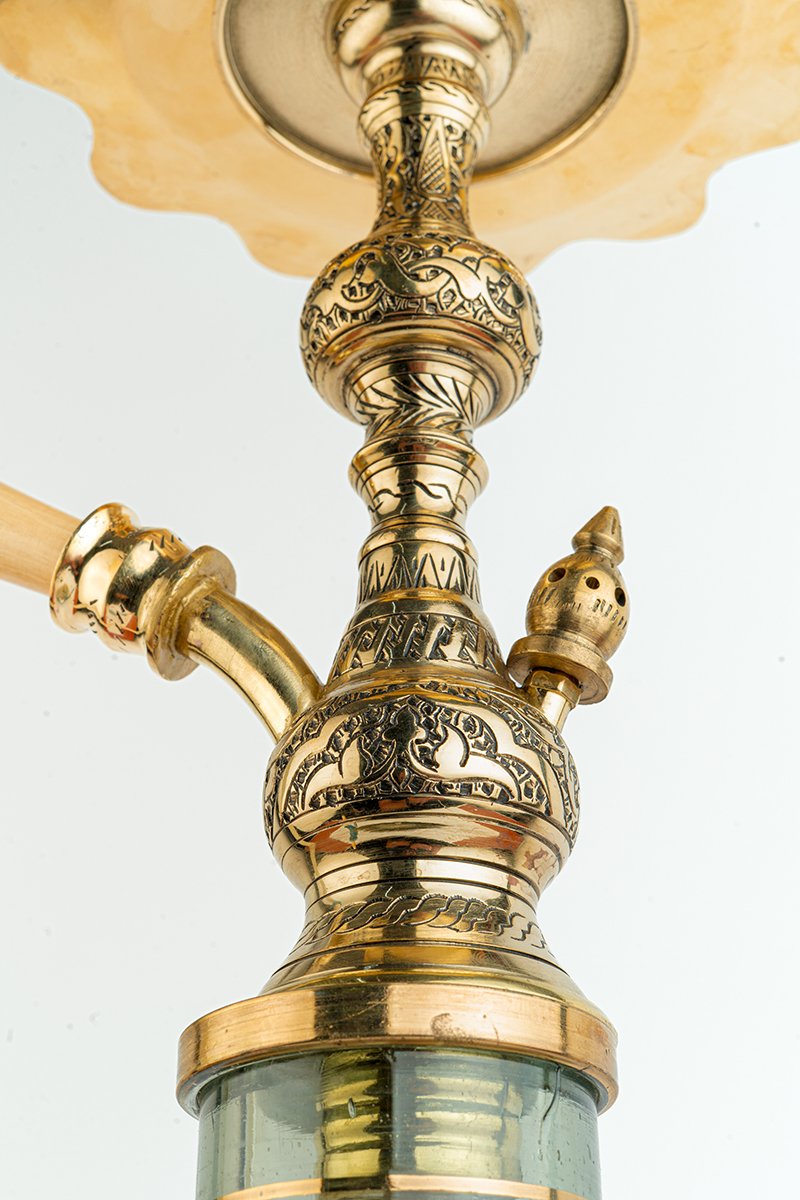 Shika Skyrim Egyptian Brass Shisha Pipe, stem engraving detail, image 4 of 5
