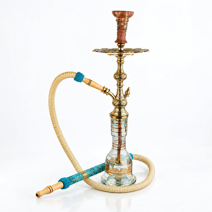 Shika Skyrim Egyptian Brass Shisha Pipe, full set with glass base, hose and bowl, studio shot