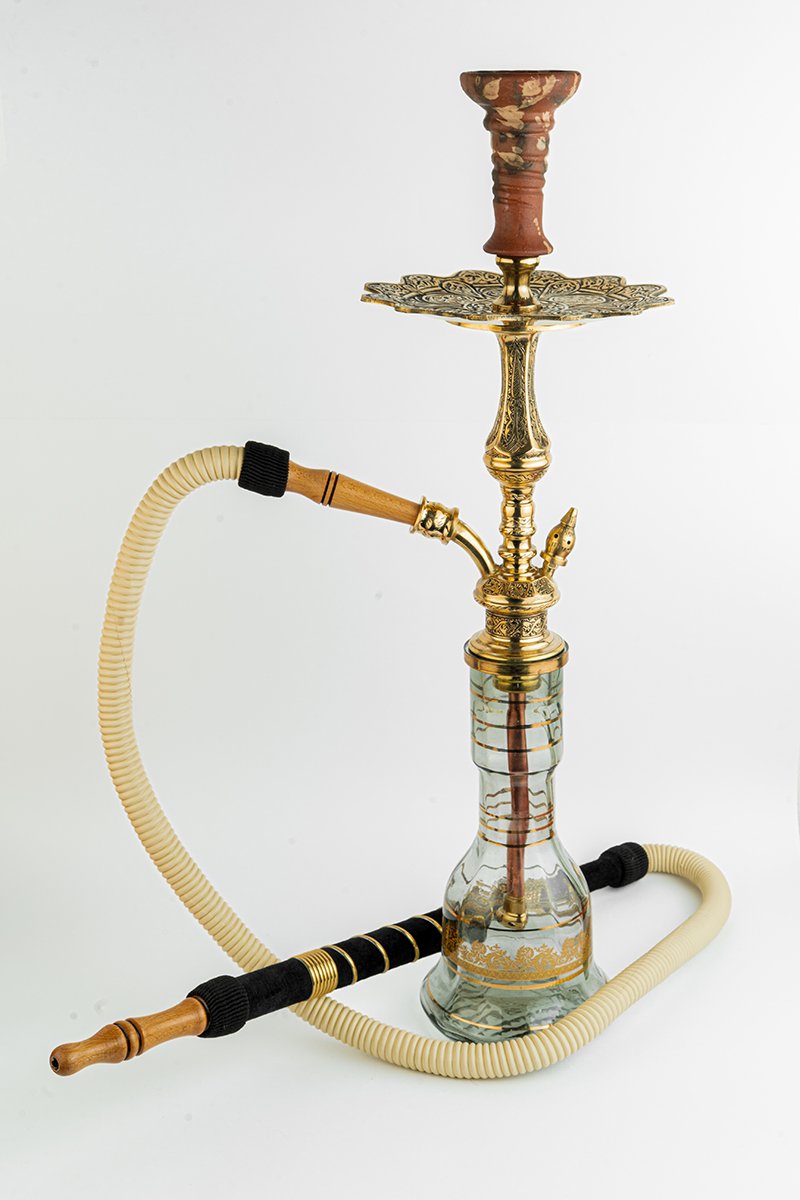 Shika Tryon Egyptian Brass Shisha Pipe, full set with glass base, hose and bowl, on white, image 6 of 6