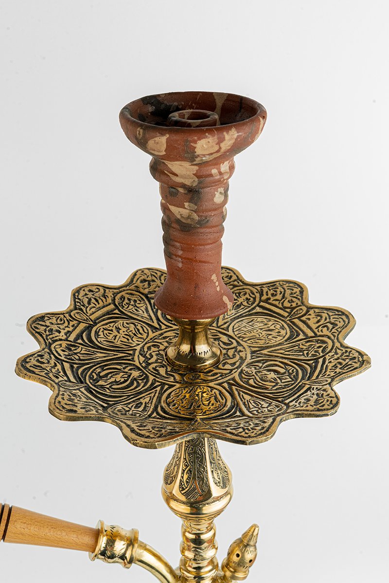 Shika Tryon Egyptian Brass Shisha Pipe, upper stem and tray, hand engraved brass, image 2 of 6