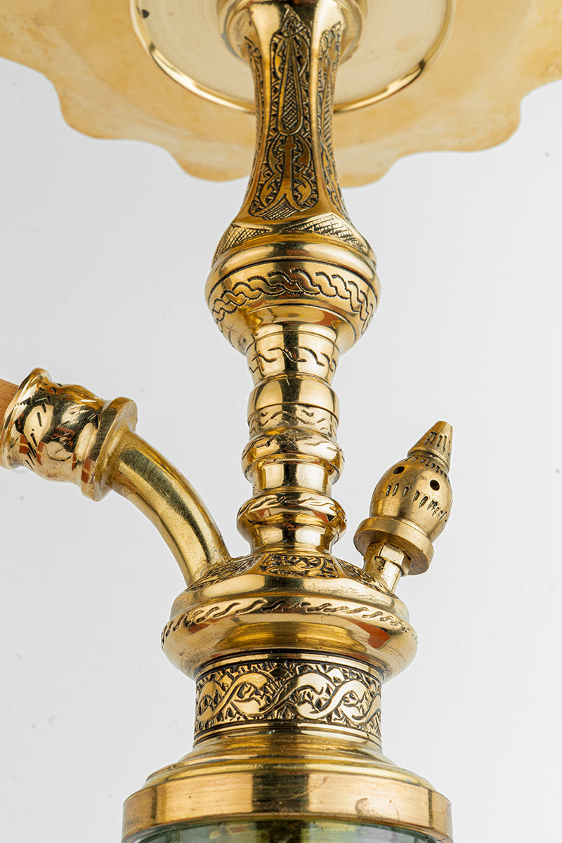 Shika Tryon Egyptian Brass Shisha Pipe, Oblivion clay bowl on the engraved tray, from above, image 3 of 6
