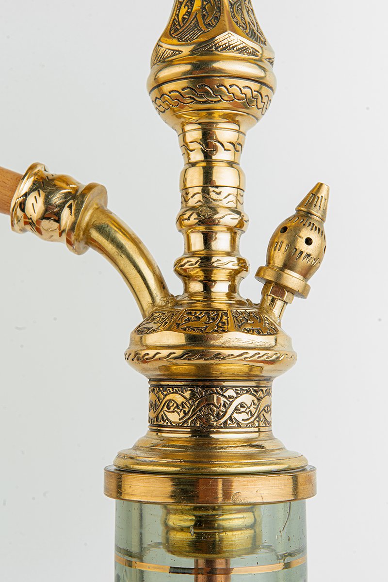 Shika Tryon Egyptian Brass Shisha Pipe, stem engraving, close, image 5 of 6