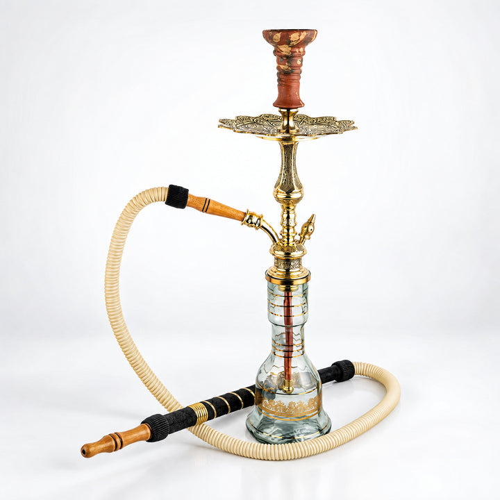 Shika Tryon Egyptian Brass Shisha Pipe, full set with glass base, hose and bowl, studio shot