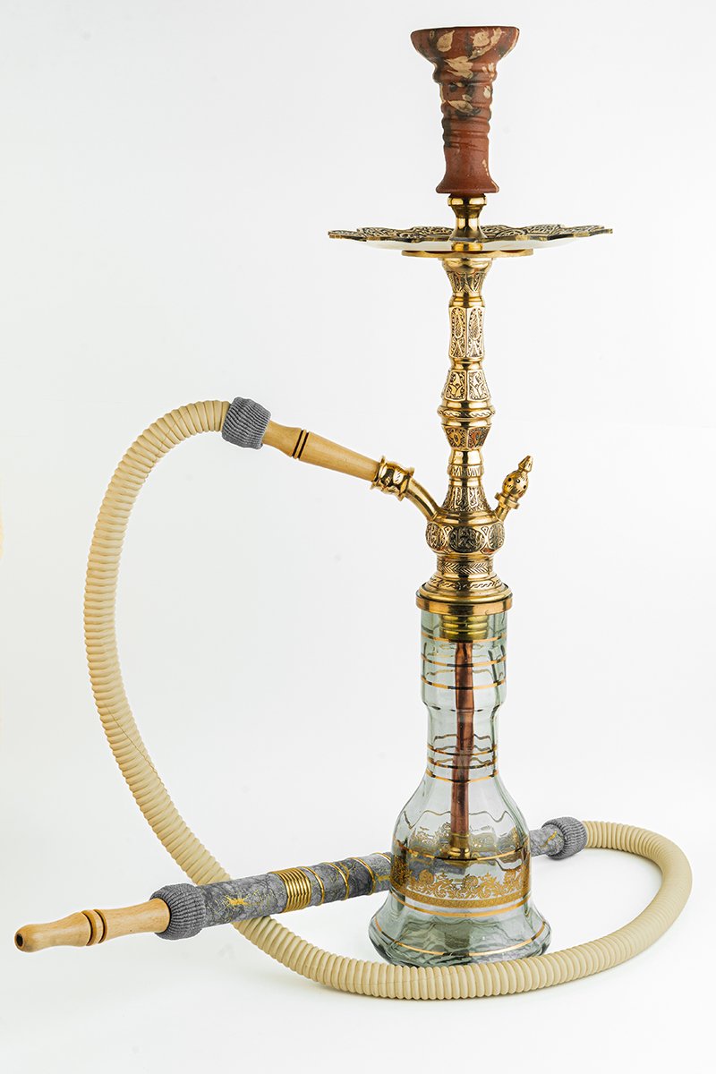 Shika Valen Egyptian Brass Shisha Pipe, full set with glass base, hose and bowl, on white, image 6 of 6