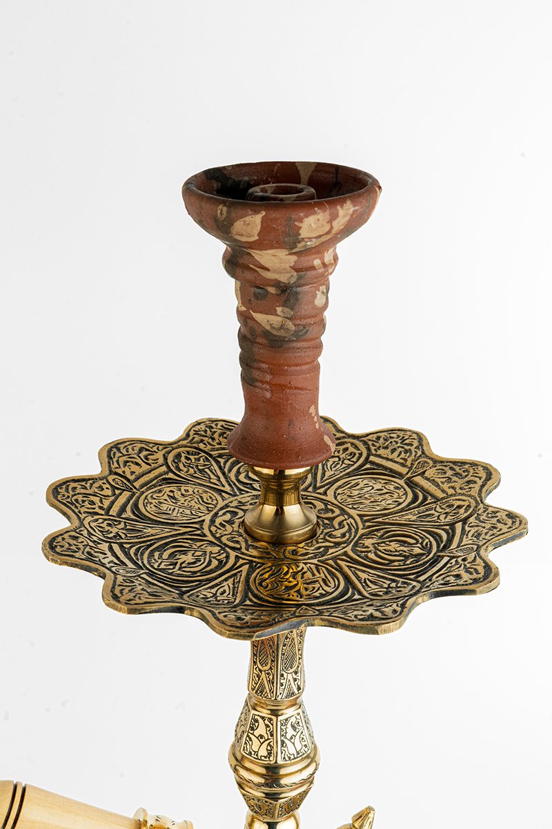 Shika Valen Egyptian Brass Shisha Pipe, upper stem and tray, hand engraved brass, image 2 of 6