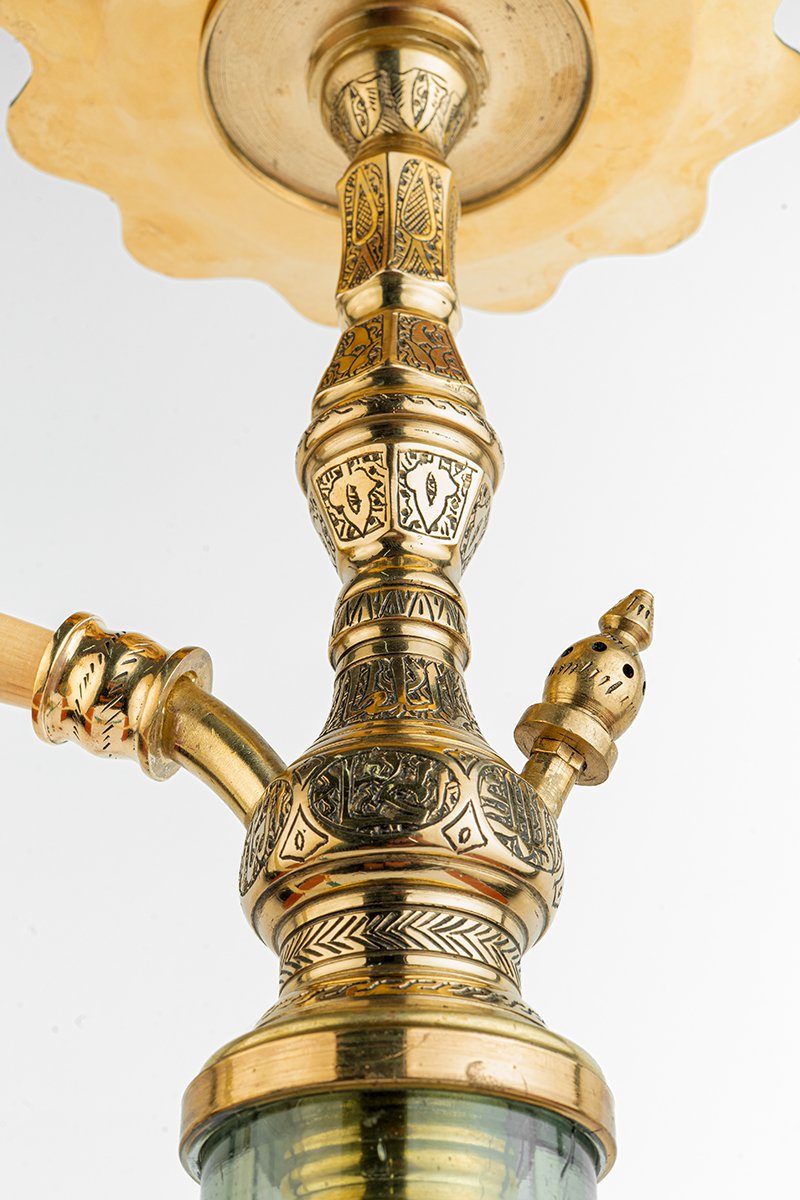 Shika Valen Egyptian Brass Shisha Pipe, Oblivion clay bowl on the engraved tray, from above, image 3 of 6