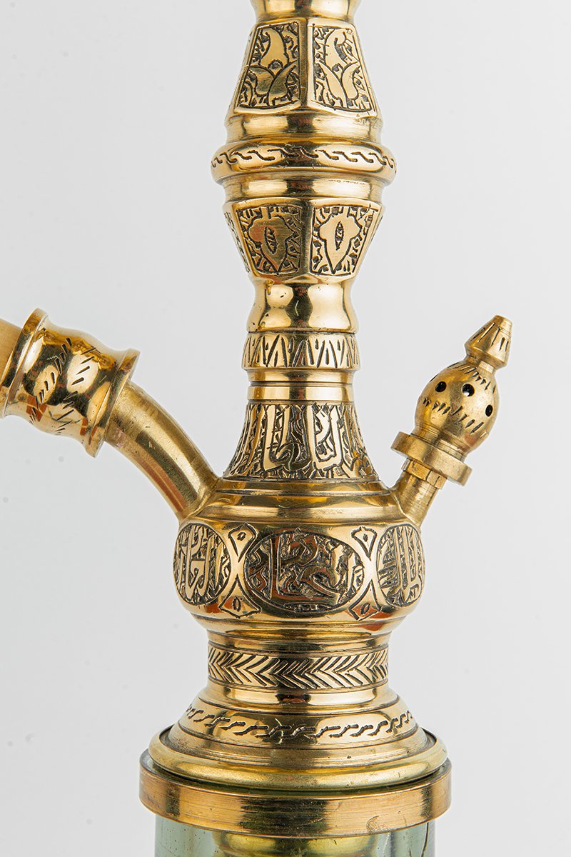 Shika Valen Egyptian Brass Shisha Pipe, stem engraving detail, image 4 of 6