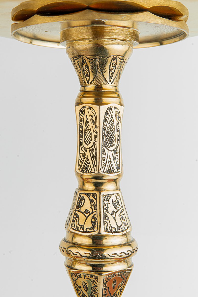 Shika Valen Egyptian Brass Shisha Pipe, stem engraving, close, image 5 of 6