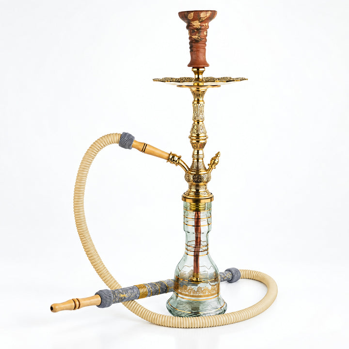 Shika Valen Egyptian Brass Shisha Pipe, full set with glass base, hose and bowl, studio shot